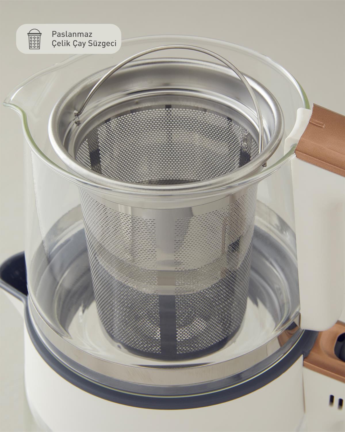 English Home CMK 6001 Cam Çay Makinesi ve Kettle Beyaz-Bakır