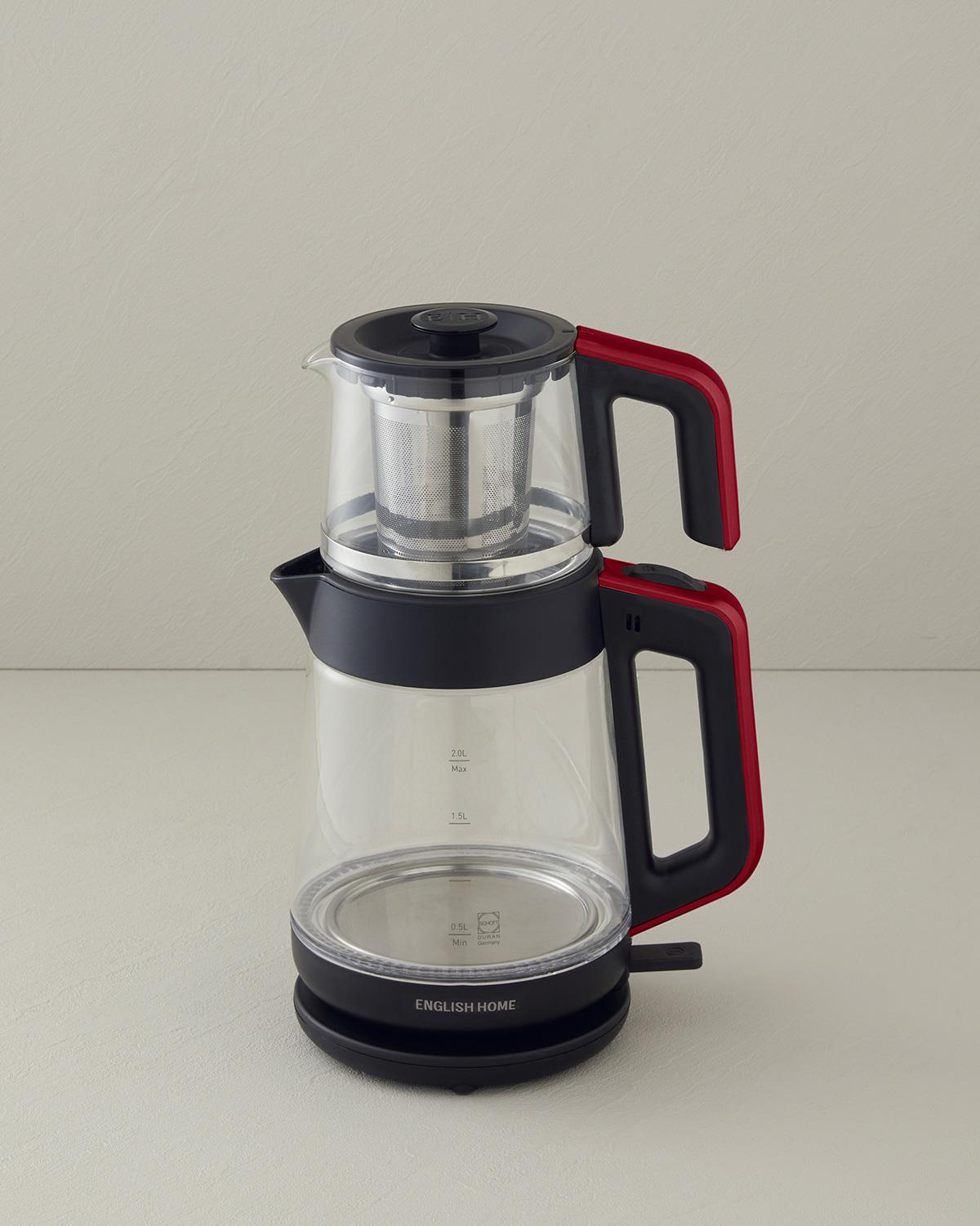 English Home CMK 6001 Cam Çay Makinesi ve Kettle Kırmızı
