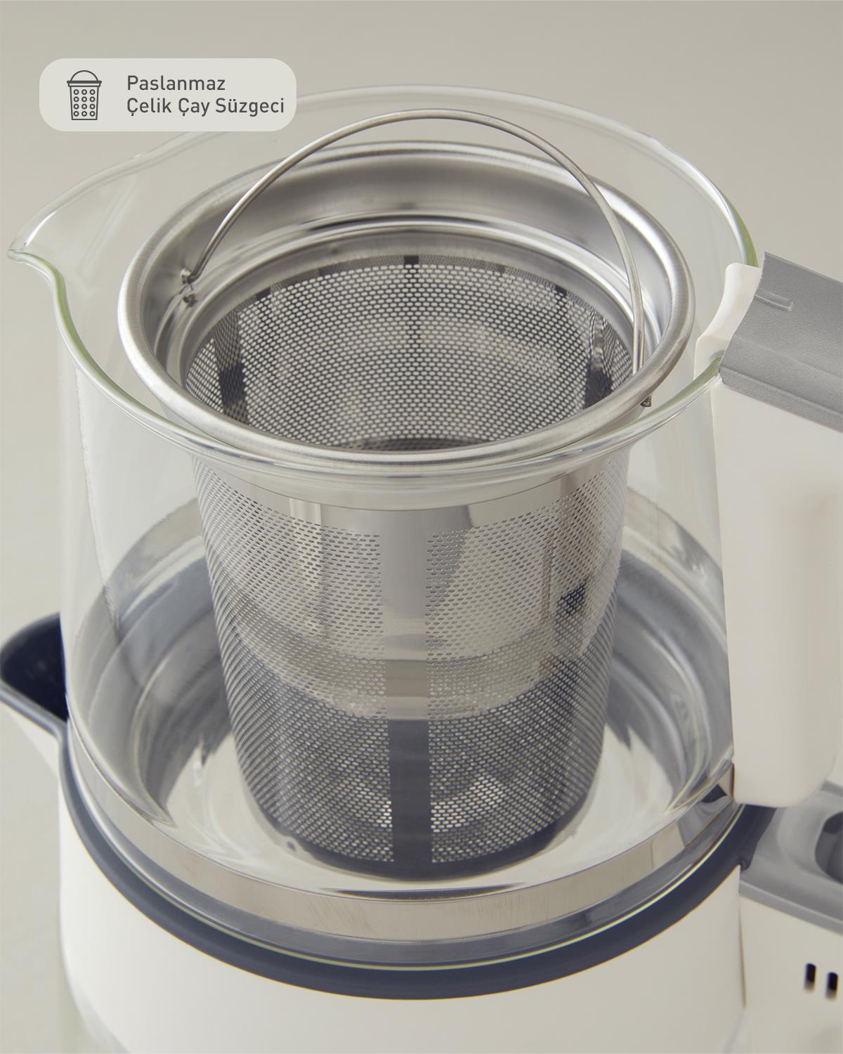 English Home CMK 6001 Cam Çay Makinesi ve Kettle Beyaz-Krom