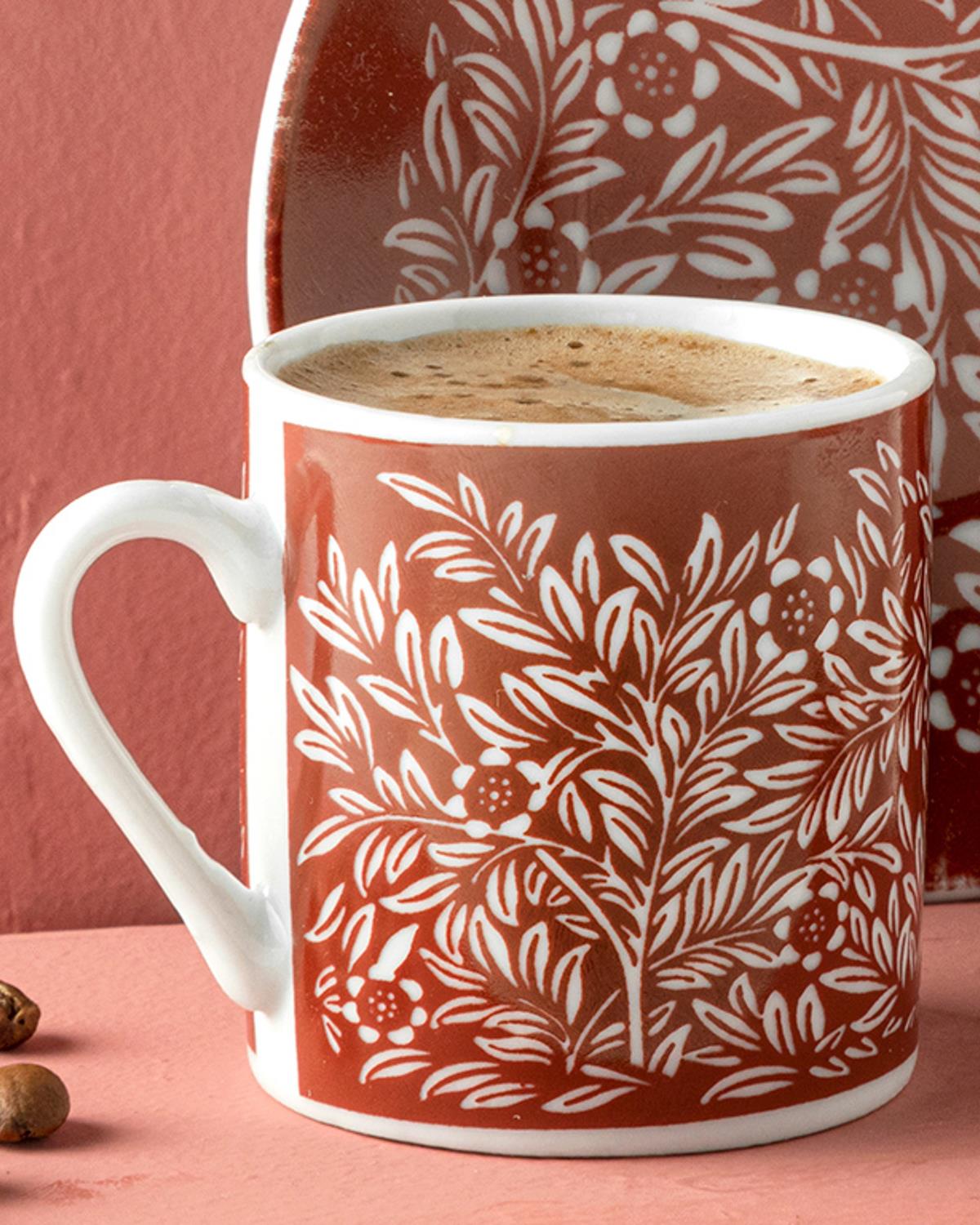 Fleuri Porselen 4 Parça 2 Kişilik Kahve Fincan Takımı Bordo