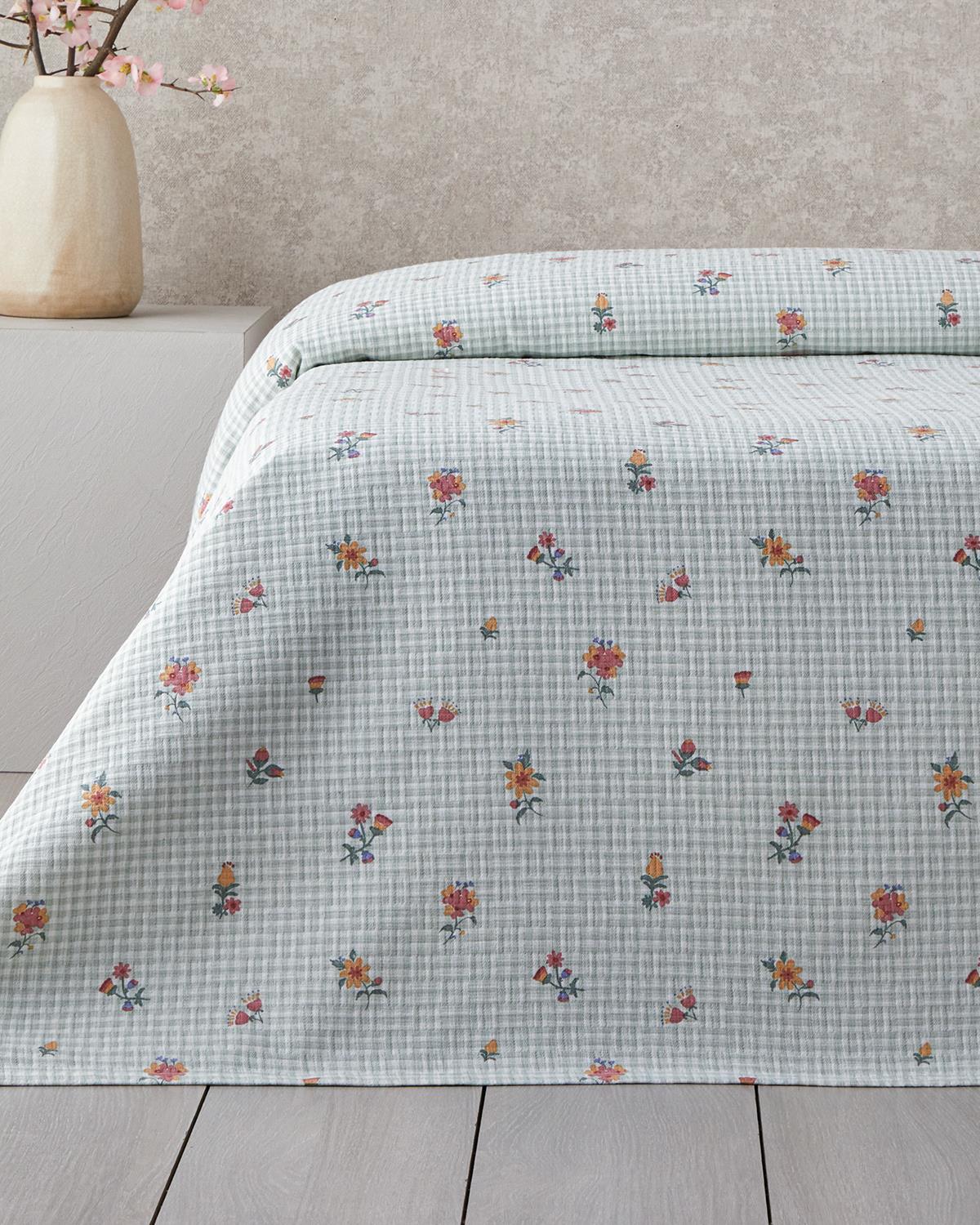 Floral Plaid Baskılı Pamuklu Tek Kişilik Pike 150x220 cm Yeşil