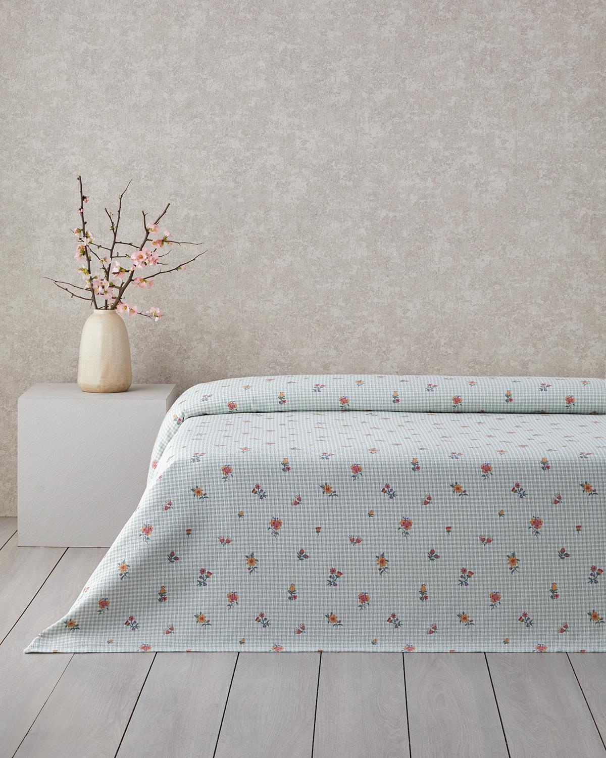 Floral Plaid Baskılı Pamuklu Tek Kişilik Pike 150x220 cm Yeşil