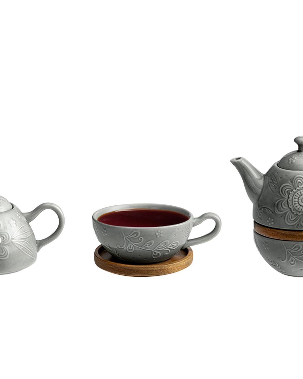 Floral Poem Stoneware Demlik Seti Gri