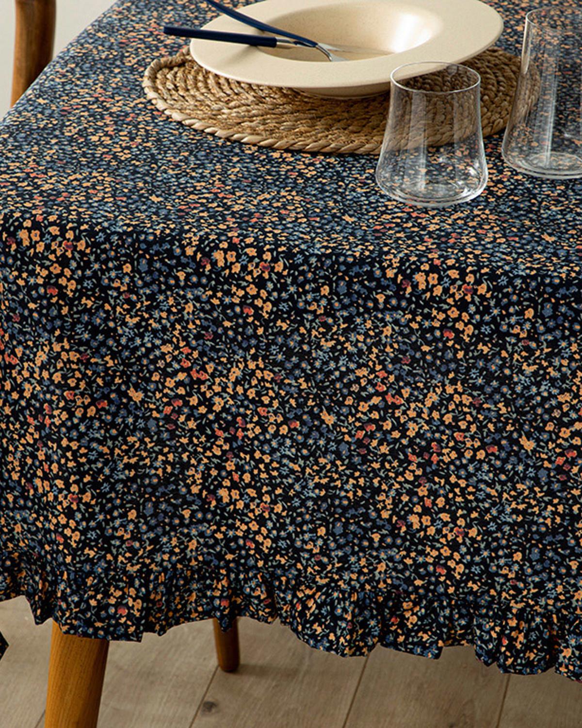 Florals Fırfırlı Masa Örtüsü 150x220 cm Lacivert