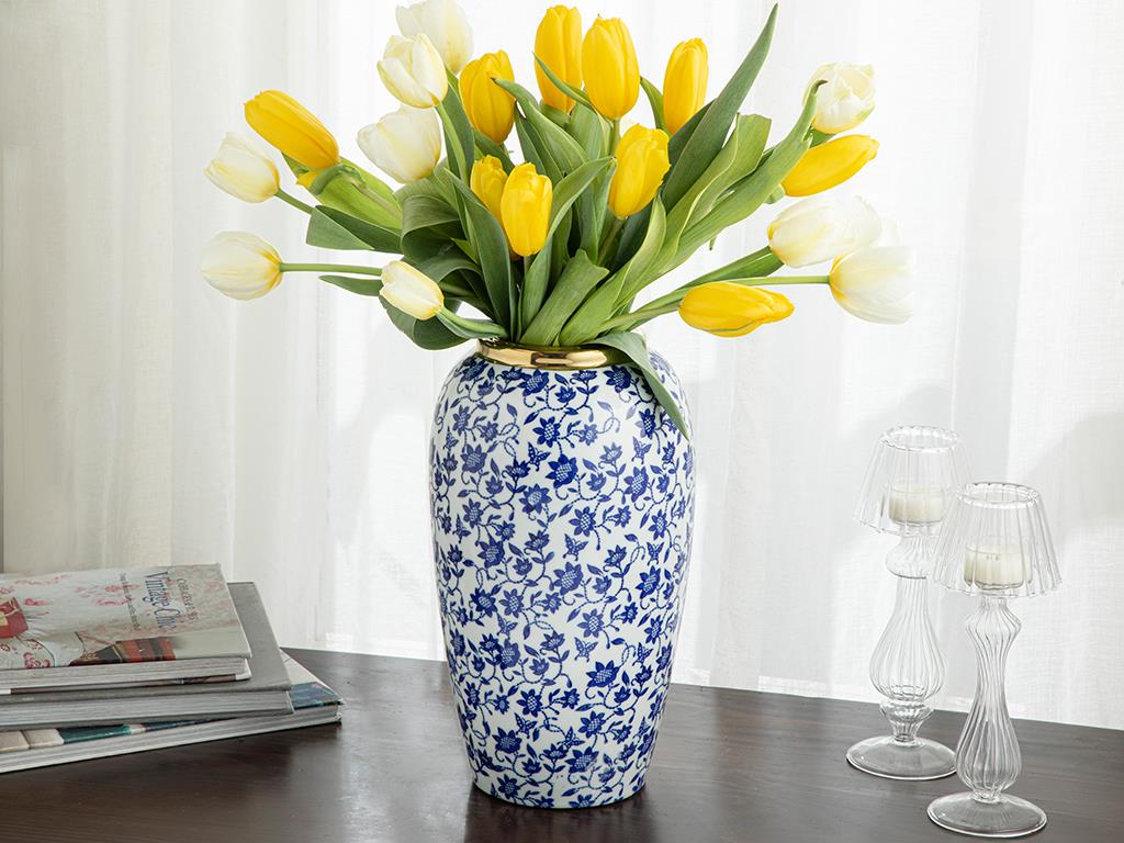Flower Garden Porselen Vazo 8832 Mavi-Beyaz-Gold