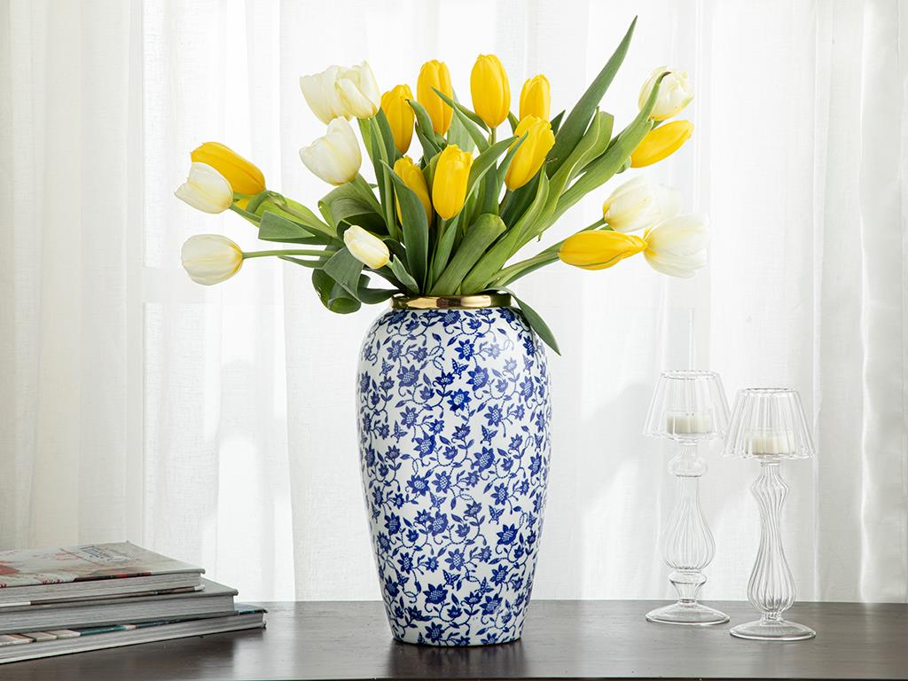 Flower Garden Porselen Vazo 8832 Mavi-Beyaz-Gold