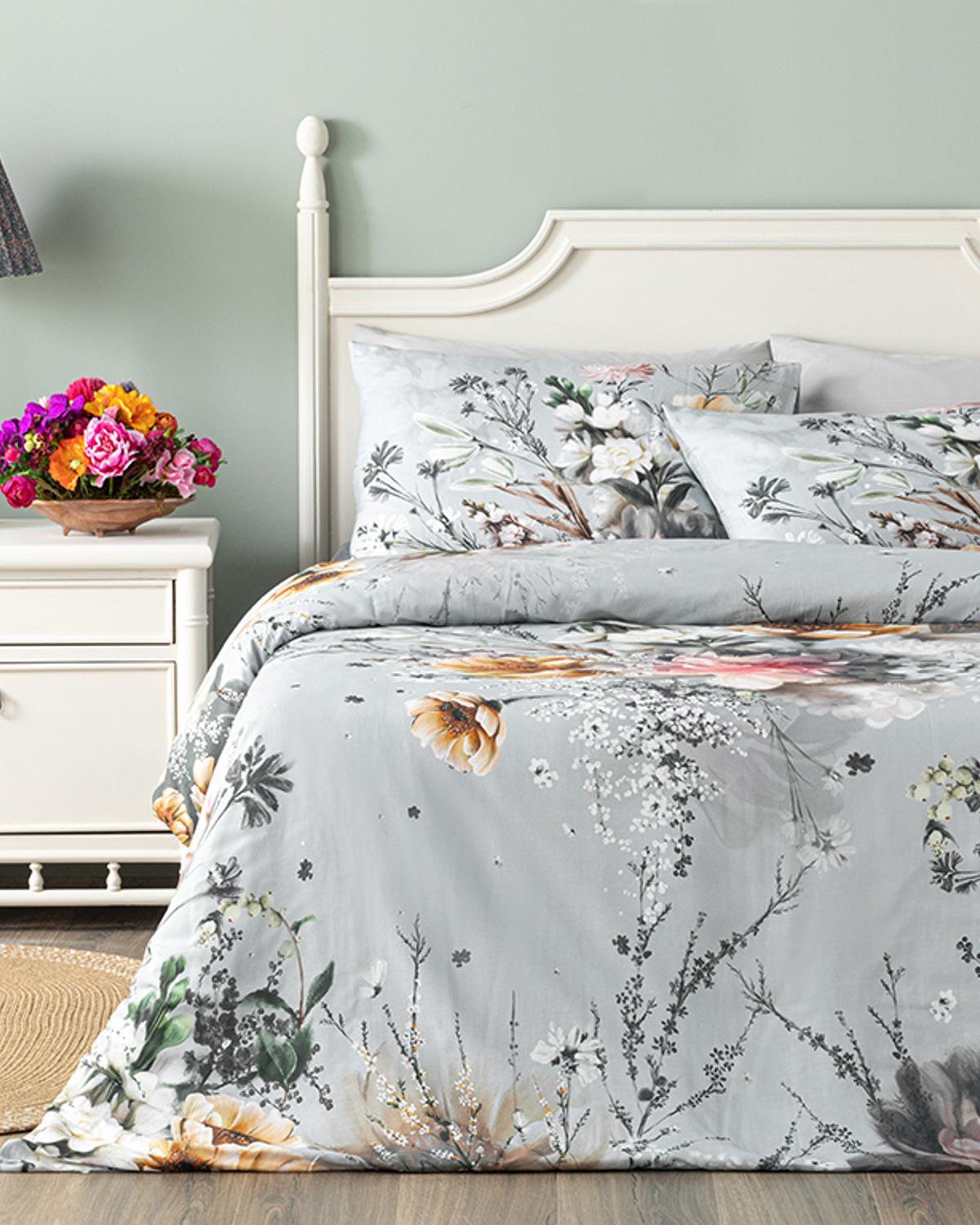 Flower Heaven Dijital Baskılı Soft Cotton Tek Kişilik Nevresim Takımı Gri