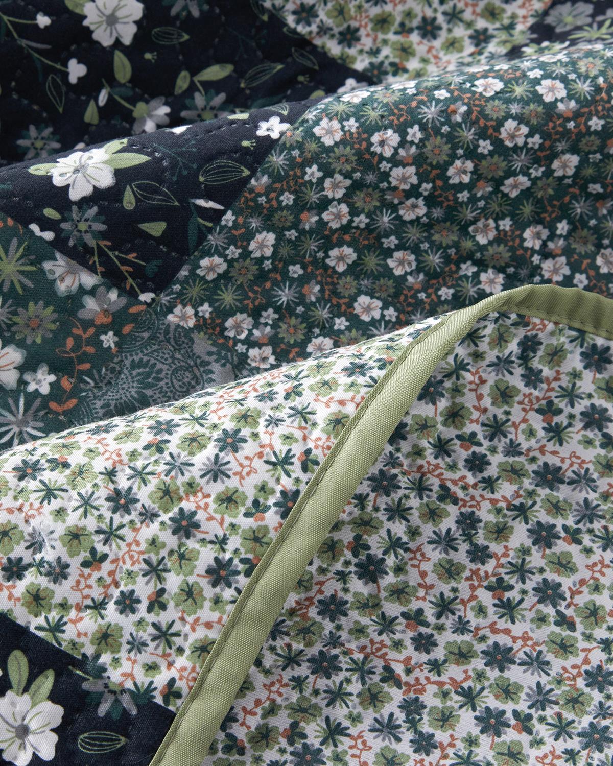 Flower Patchwork Çift Kişilik Çok Amaçlı Örtü Yeşil