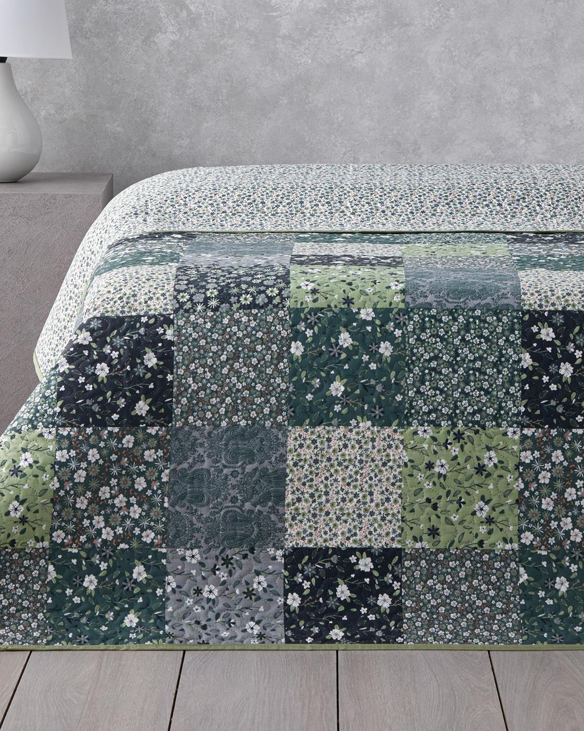 Flower Patchwork Çift Kişilik Çok Amaçlı Örtü Yeşil