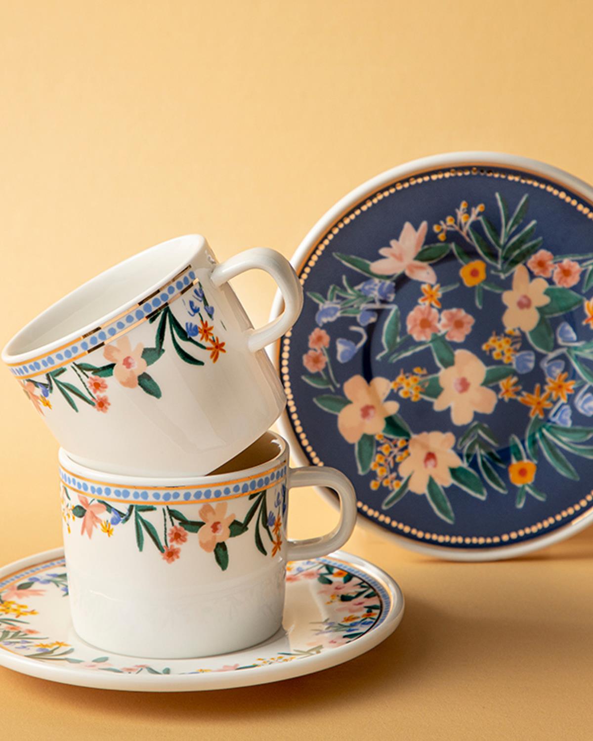 Flower Spree Porselen 4 Parça 2 Kişilik Çay Fincanı Takımı Beyaz - Lacivert