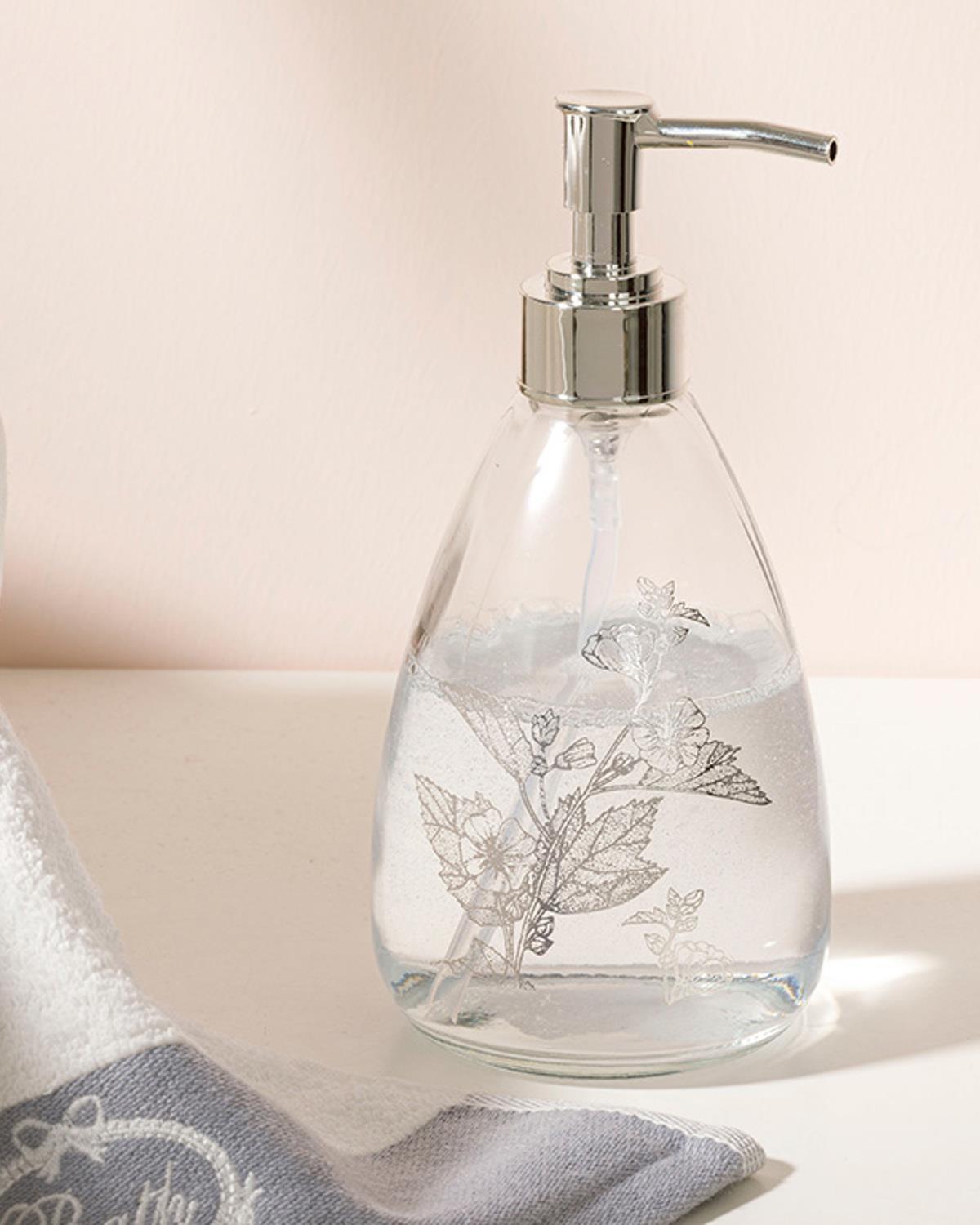Flowery Cam Banyo Sıvı Sabunluk 8,7x17,5 cm Gümüş