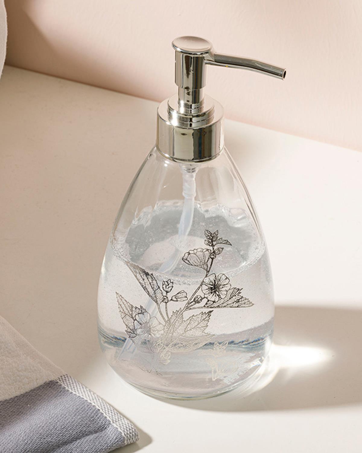 Flowery Cam Banyo Sıvı Sabunluk 8,7x17,5 cm Gümüş