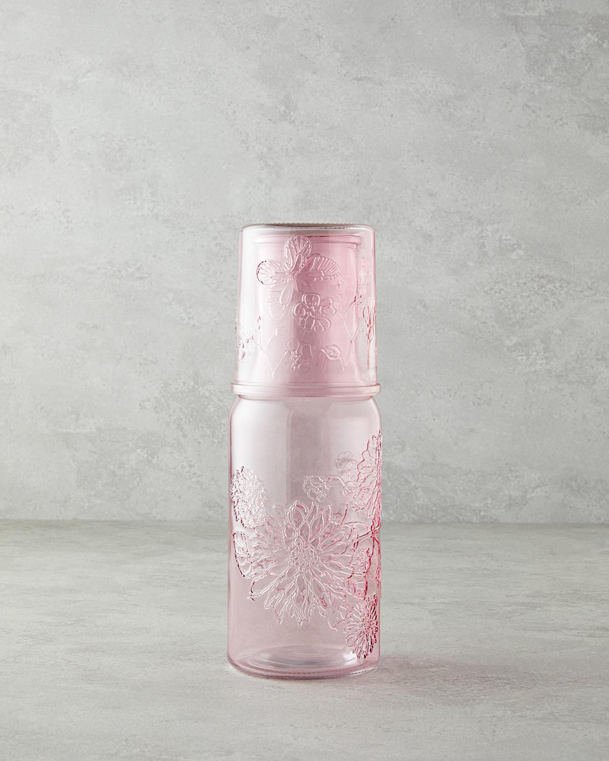 Flowery Cam Başucu Sürahi 1200 ml + 400 ml Pembe