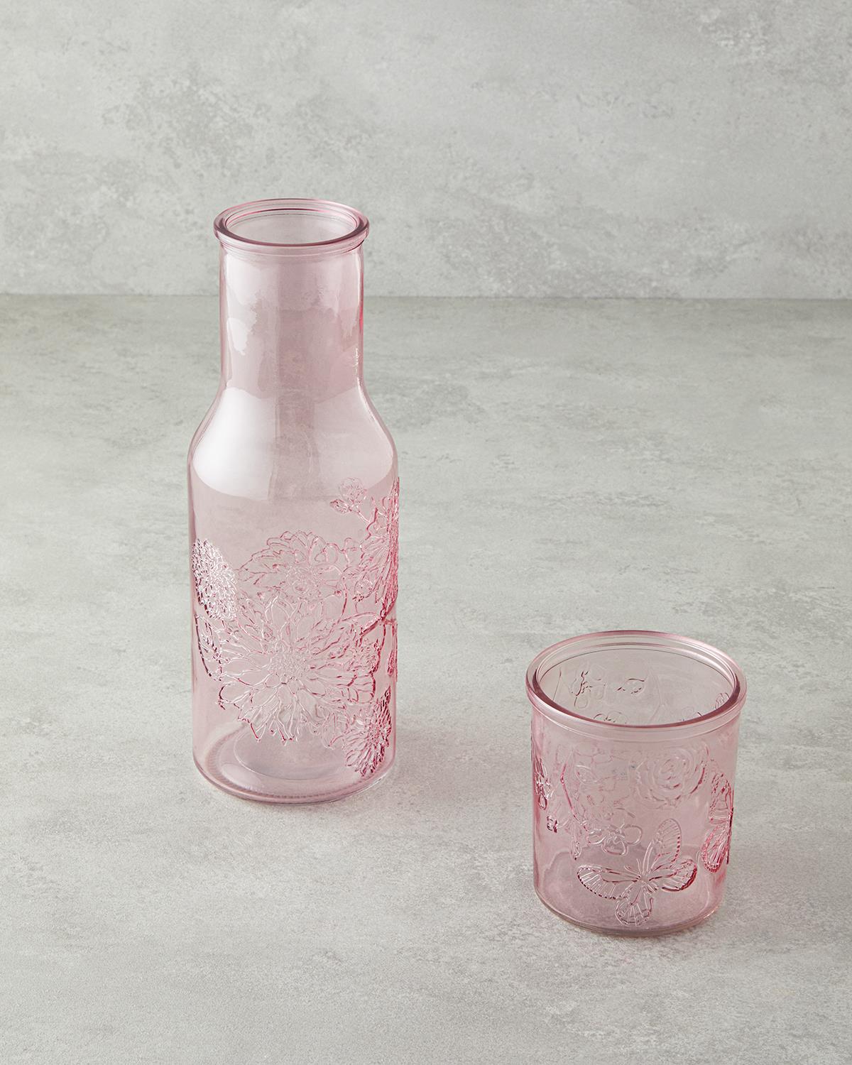 Flowery Cam Başucu Sürahi 1200 ml + 400 ml Pembe
