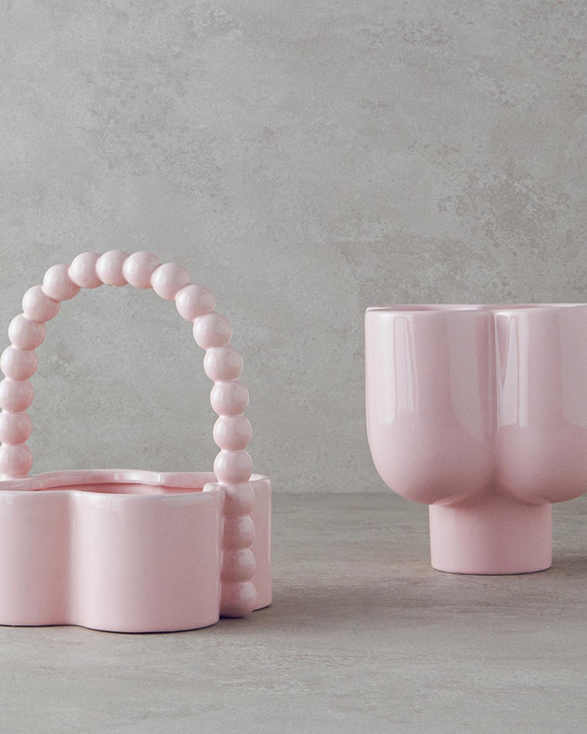 Flowery Stoneware Vazo Açık Pembe