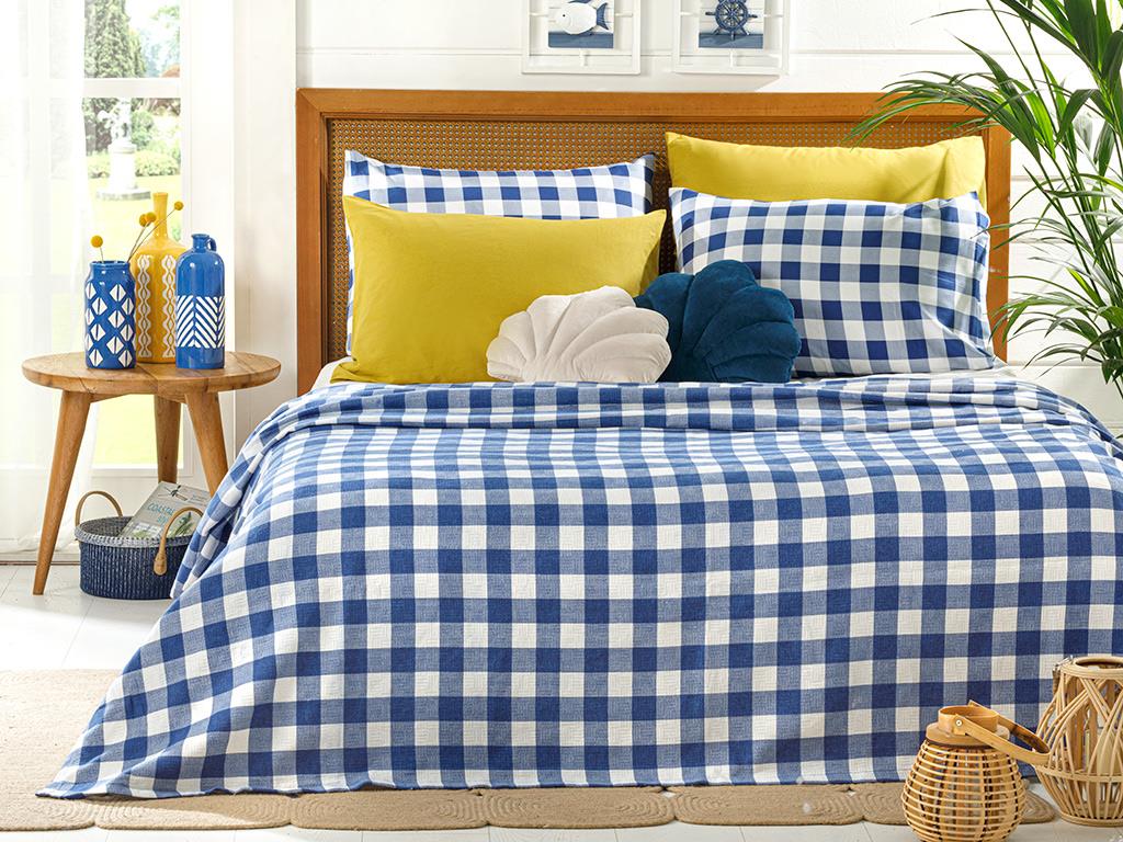 Gingham Baskılı Tek Kişilik Pike Lacivert