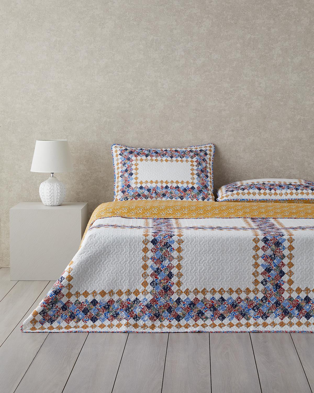 Gingham Patchwork Çok Amaçlı King Size Yatak Örtüsü Takımı 240x220 cm Terracotta