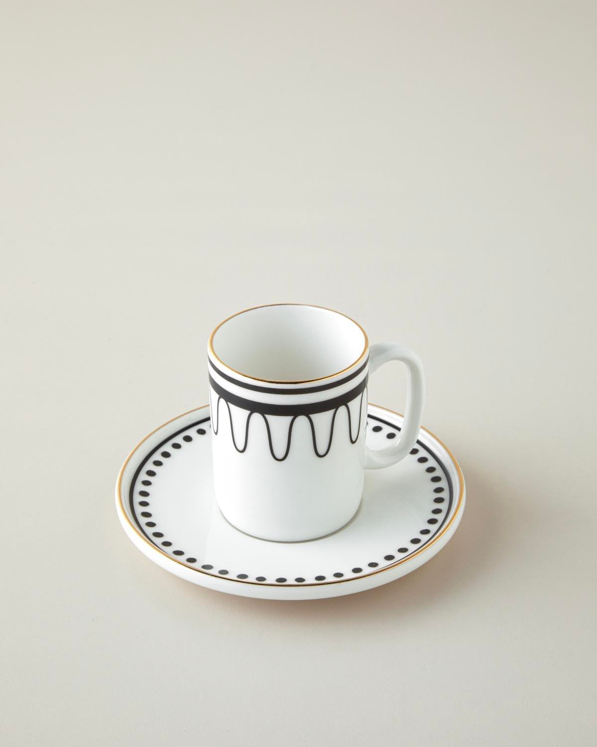Glowy White Bone Porselen 4 Parça 2 Kişilik Kahve Fincan Takımı 90 ml Siyah-Beyaz-Gold