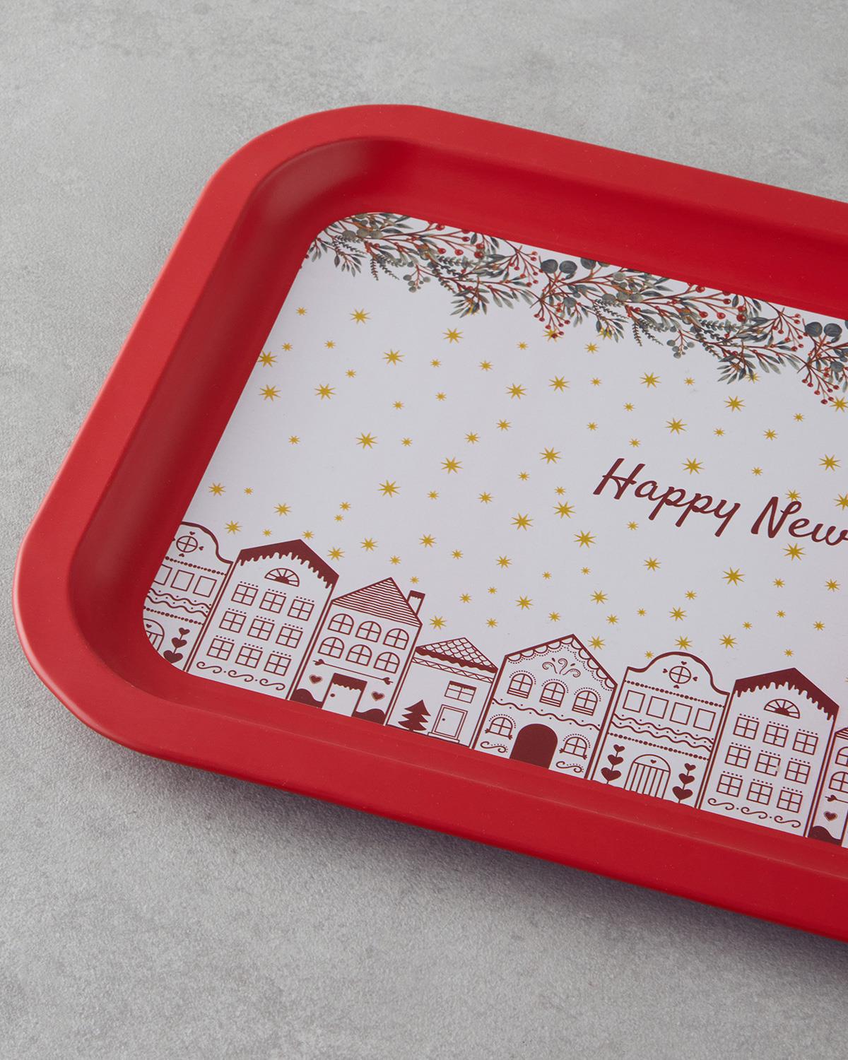 Happy New Year Metal Tepsi 35x23 cm Kırmızı