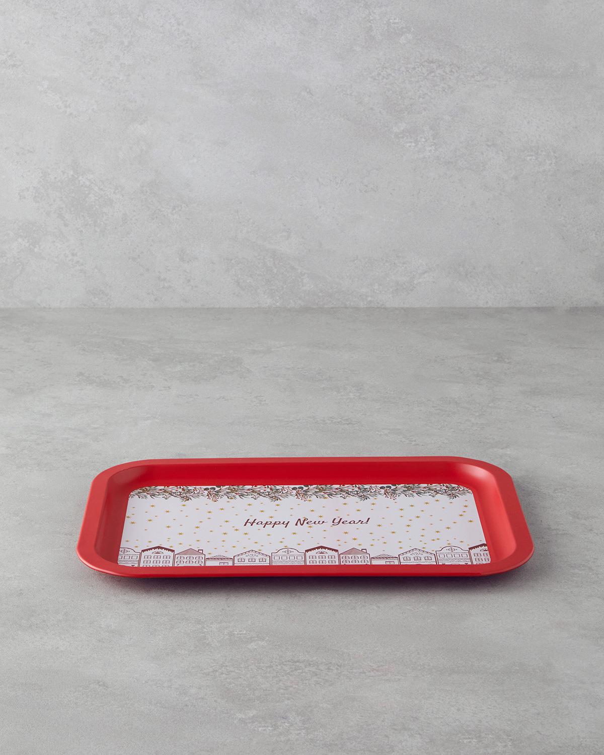 Happy New Year Metal Tepsi 35x23 cm Kırmızı