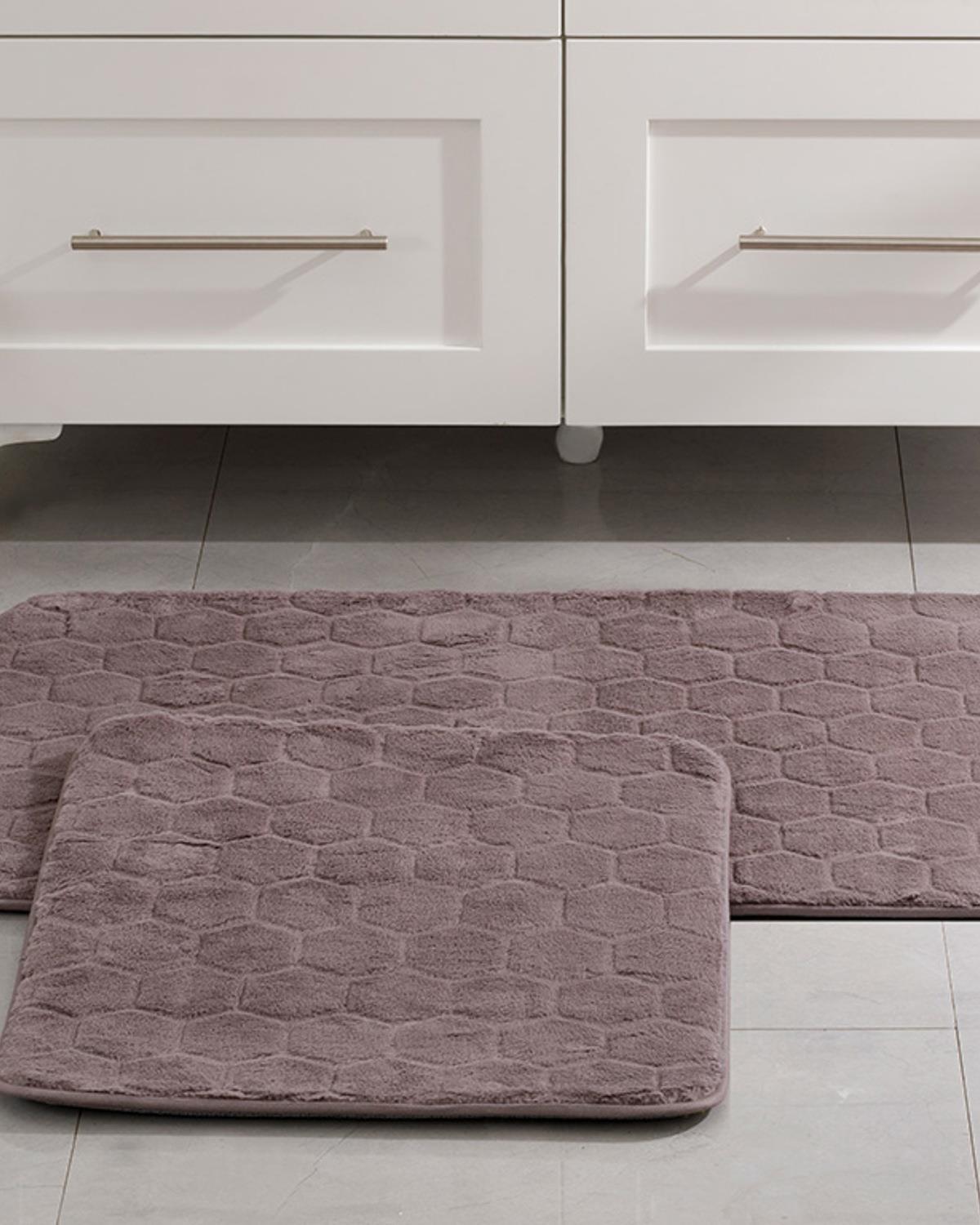 Honeycomb Polyester Banyo Paspası Seti 60x100 - 50x60 cm Mürdüm