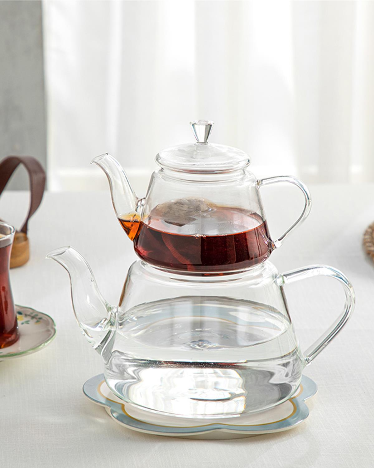 İngenuo Borosilikat Cam Çaydanlık 400 ml+1300 ml Şeffaf