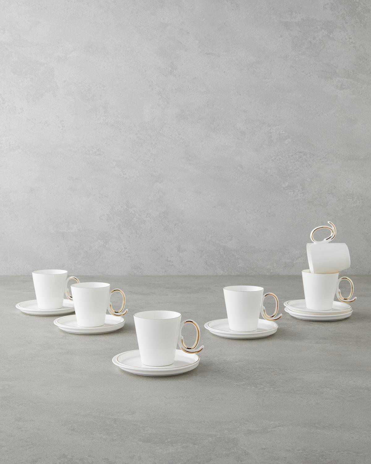 Ivory Porselen 12 Parça 6 Kişilik Kahve Fincan Takımı 85 ml Beyaz-Gold