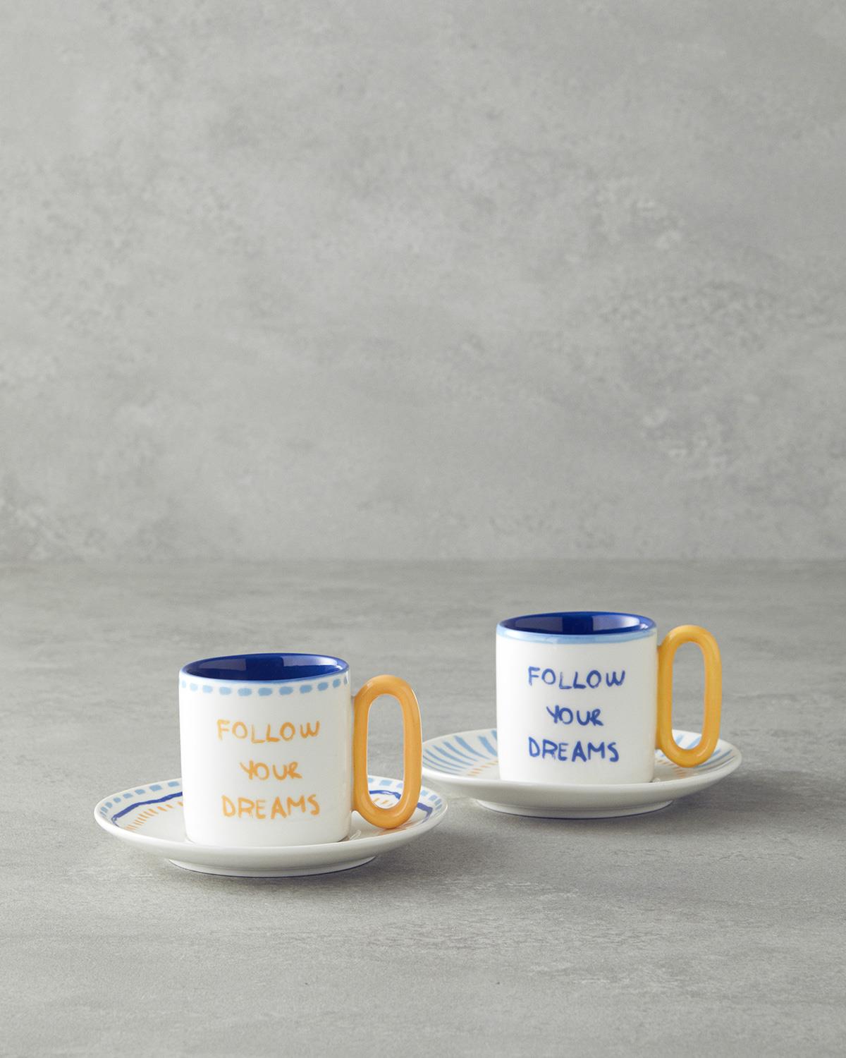 Jolly Waves New Bone China Kahve Fincan Takımı Sarı - Mavi