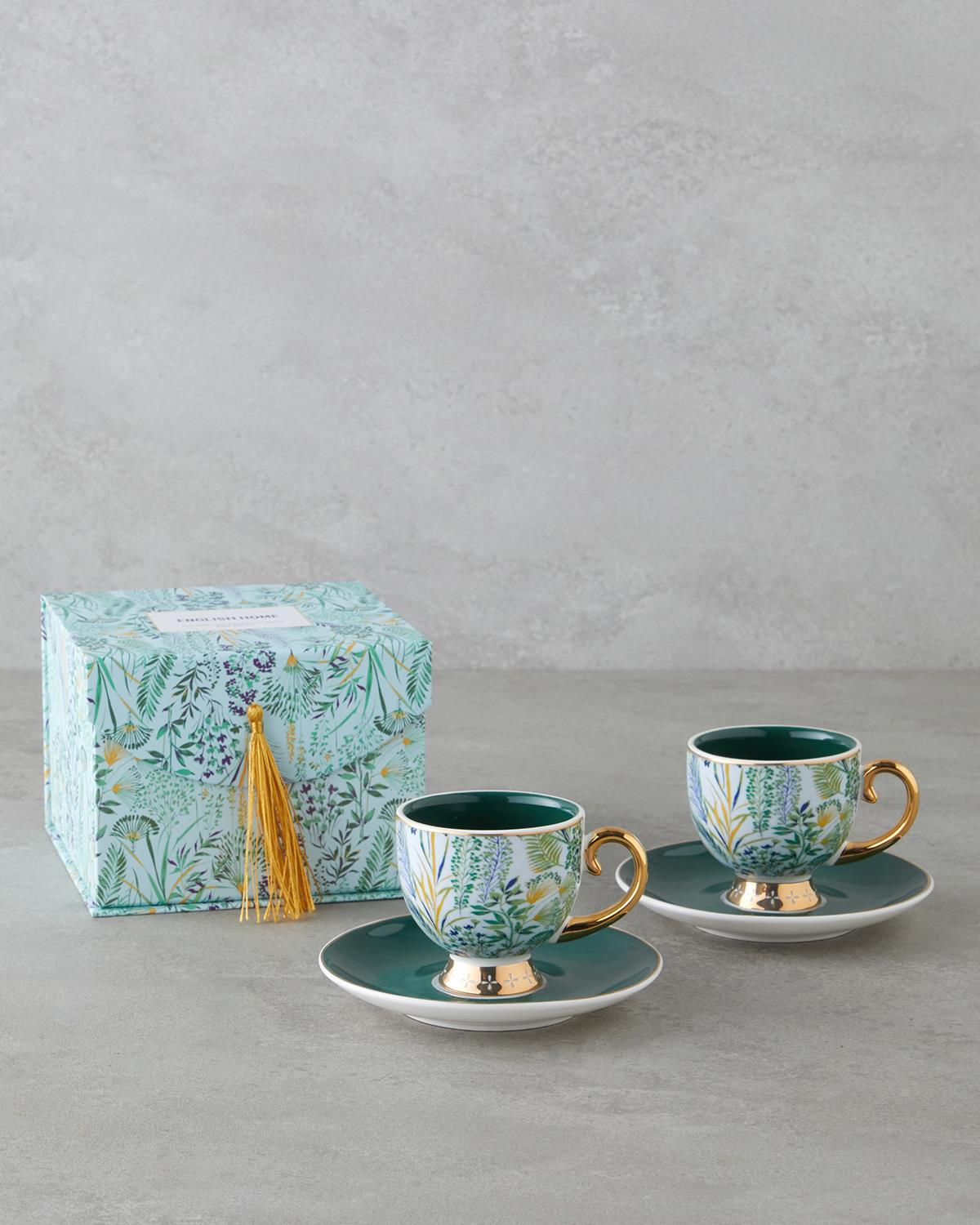 Leafora New Bone China 4 Parça 2 Kişilik Kahve Fincan Takımı 100 ml Yeşil-Mavi