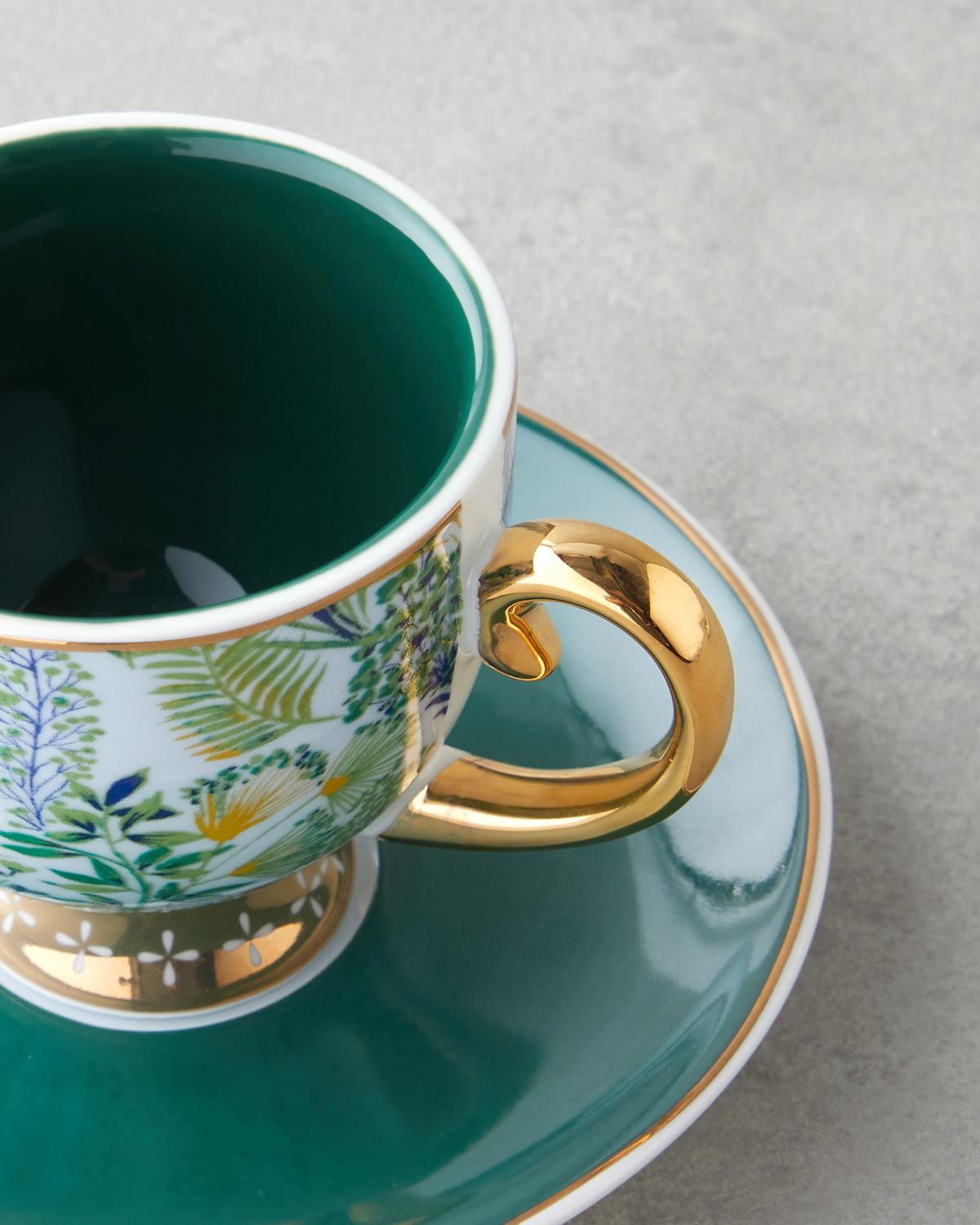 Leafora New Bone China 4 Parça 2 Kişilik Kahve Fincan Takımı 100 ml Yeşil-Mavi