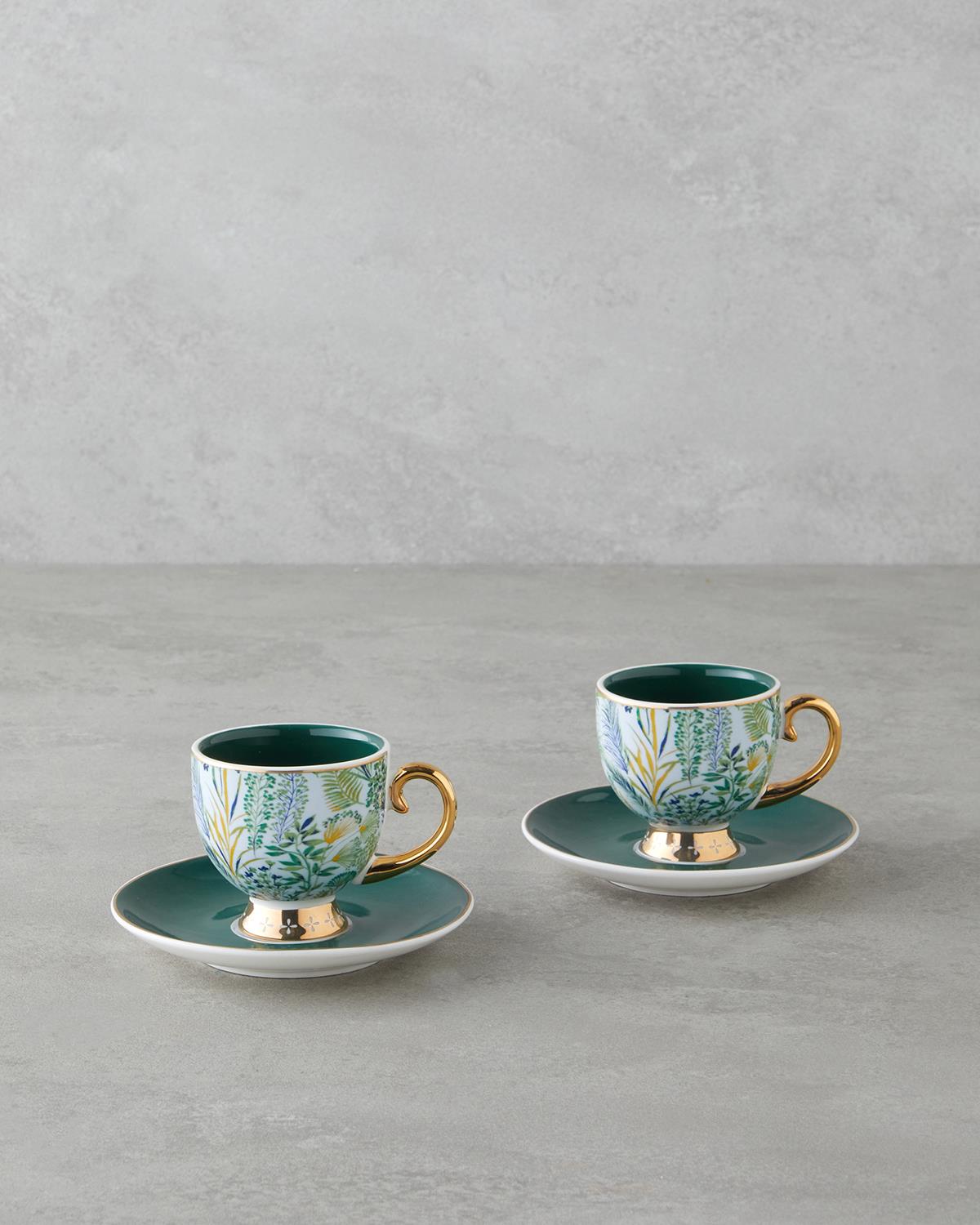 Leafora New Bone China 4 Parça 2 Kişilik Kahve Fincan Takımı 100 ml Yeşil-Mavi