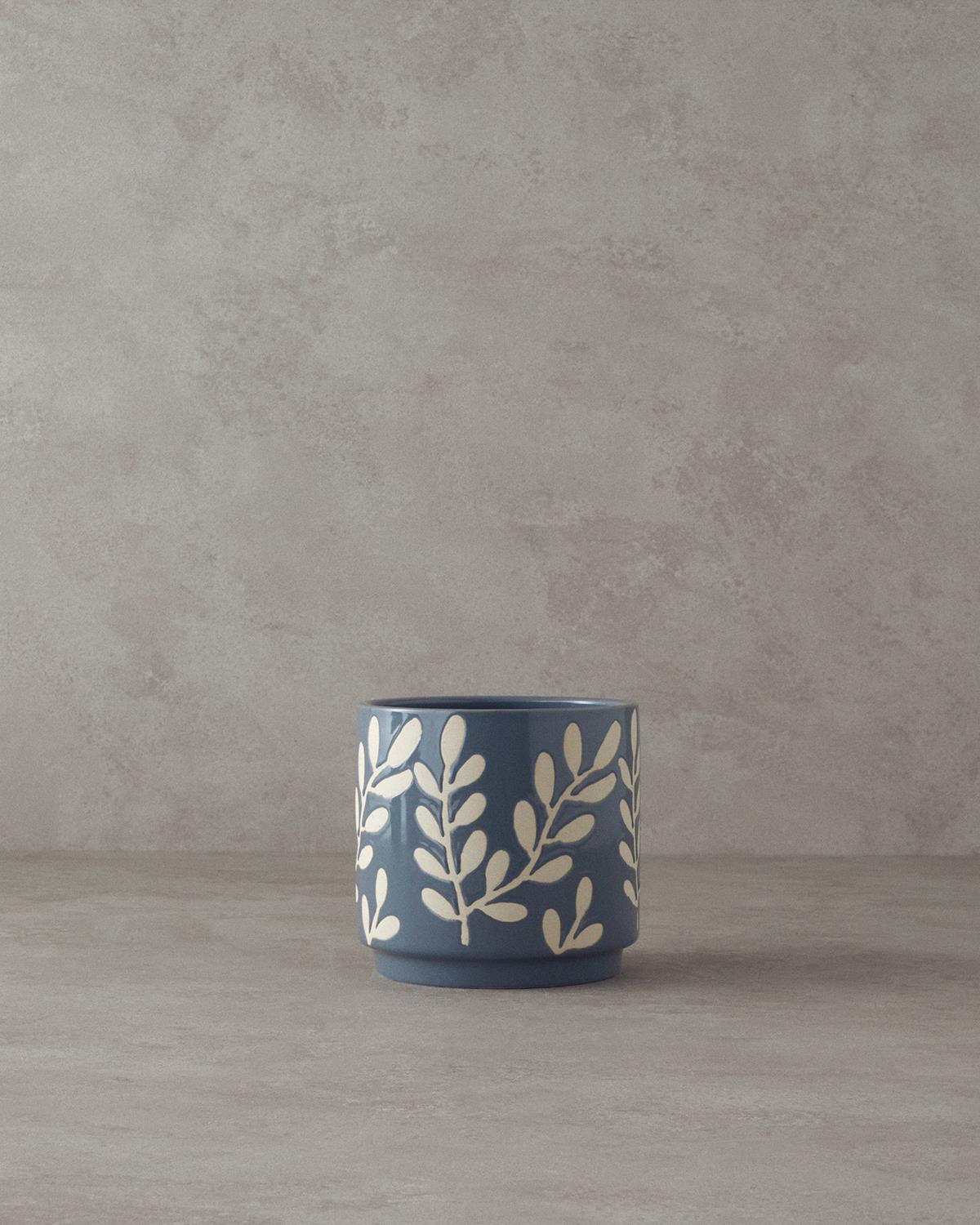 Leafy Stoneware Saksı Mavi