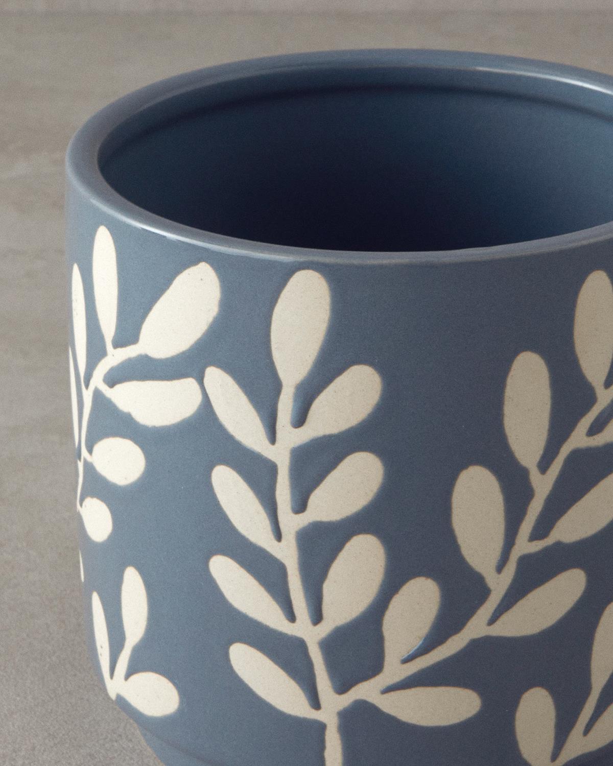 Leafy Stoneware Saksı Mavi