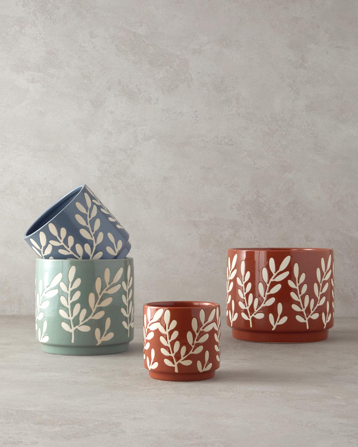 Leafy Stoneware Saksı Mavi
