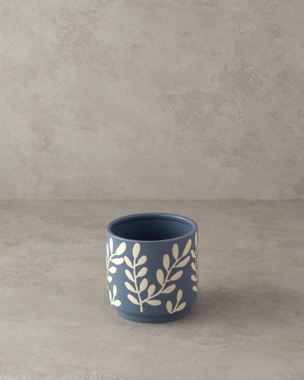 Leafy Stoneware Saksı Mavi