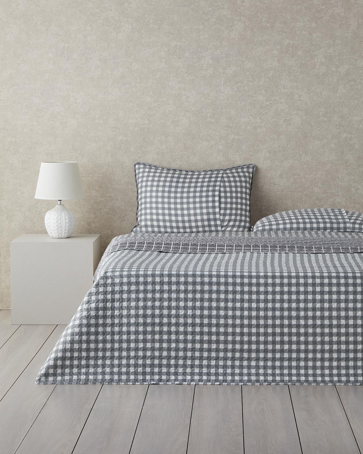 Line Grid Çok Amaçlı Çift Kişilik Yatak Örtüsü Takımı 200x220 cm Gri