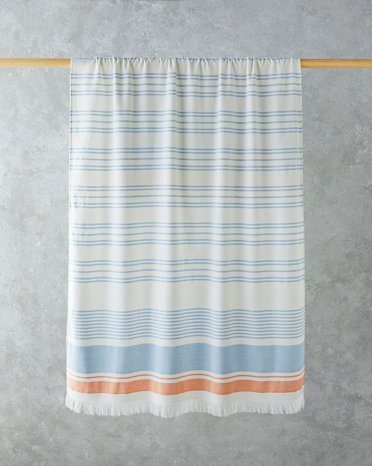 Liny Pamuklu Çizgili Plaj Havlusu 90x150 cm Ekru-Mavi-Turuncu