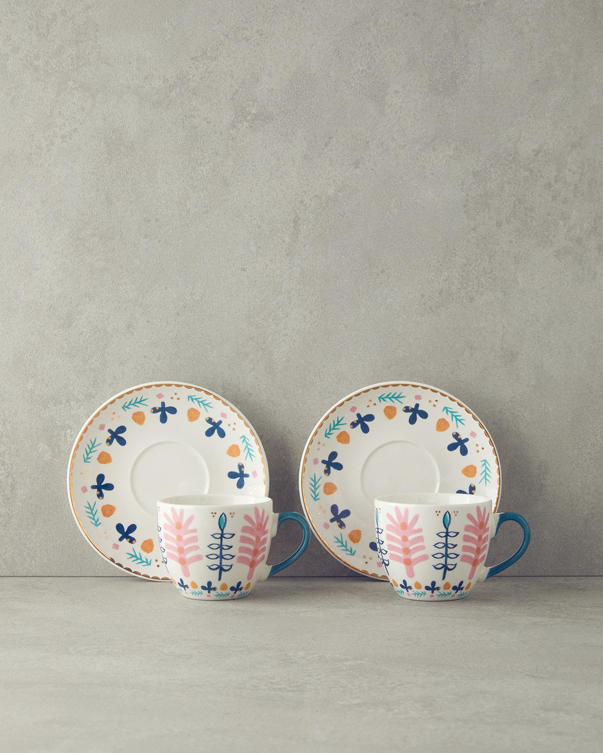 Love Adore New Bone China 4 Parça 2 Kişilik Çay Fincanı Takımı Pembe - Mavi