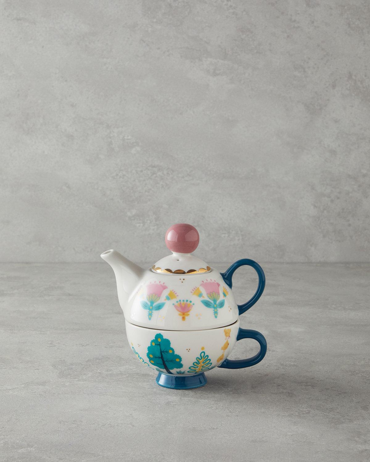 Love Warm New Bone China Demlikli Kupa Yeşil-Pembe