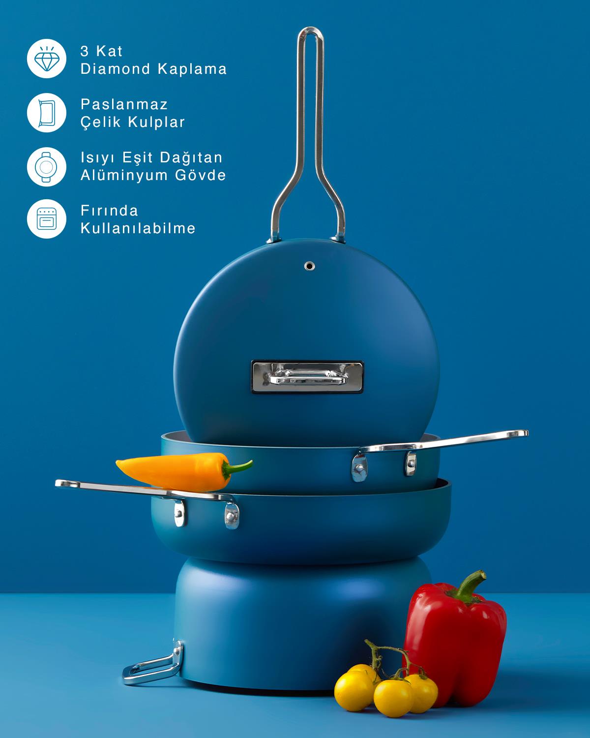 Luna Alüminyum Basık Tencere Mavi