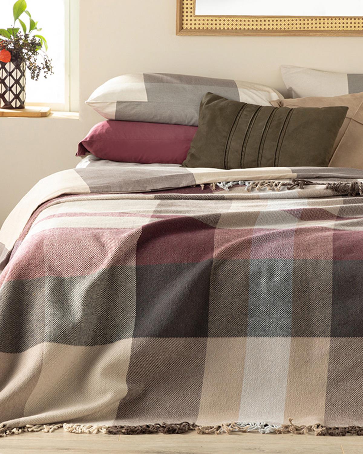 Madras Check Pamuklu Çift Kişilik Battaniye Mor – Bej