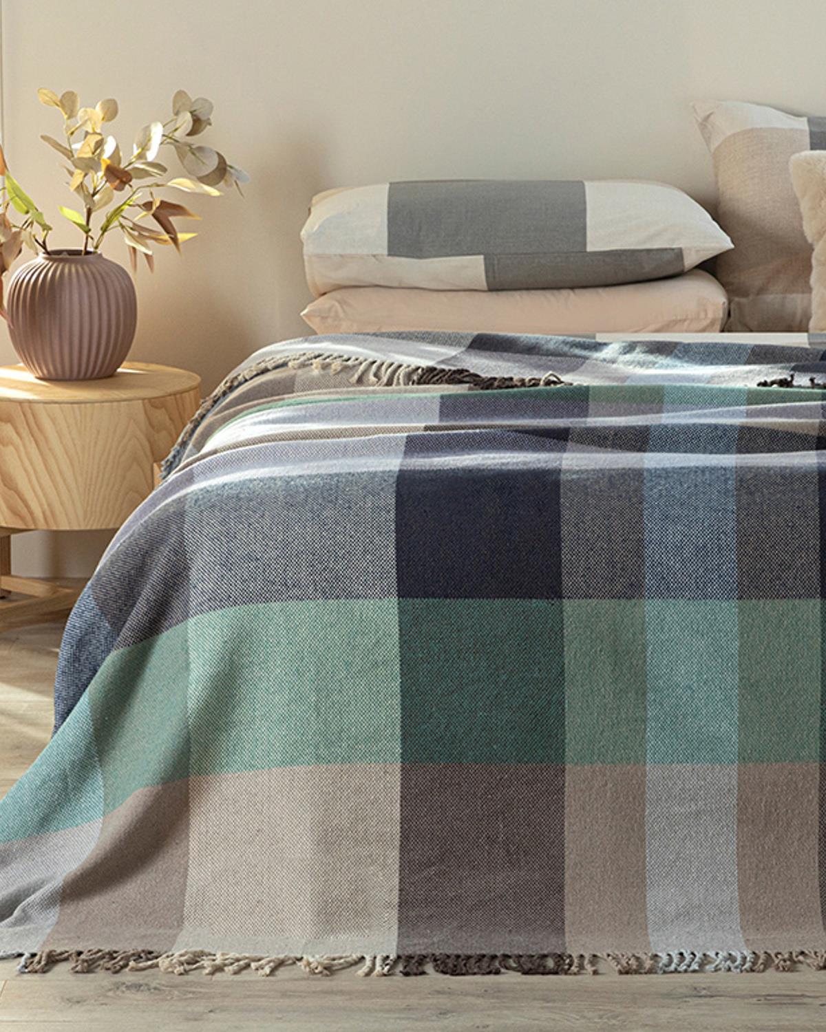 Madras Check Pamuklu Tek Kişilik Battaniye Lacivert - Bej