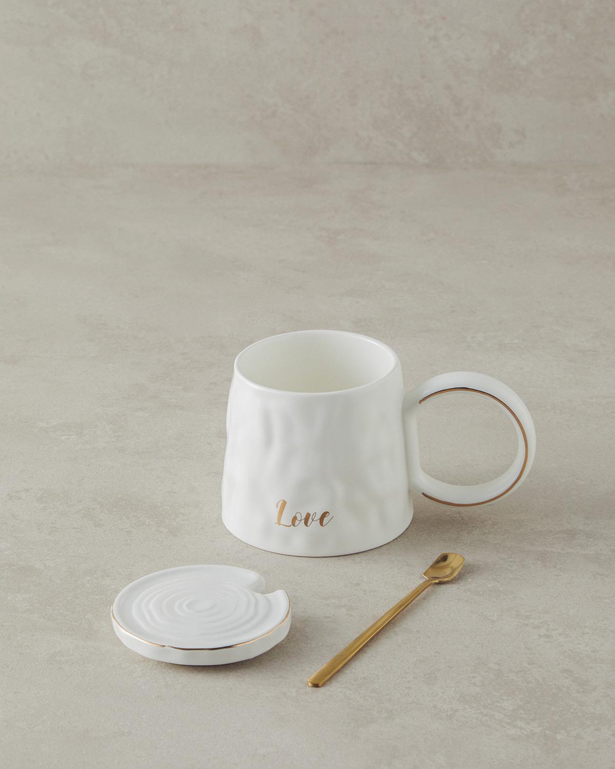 Mantra New Bone China Kapaklı Kaşıklı Kupa Beyaz