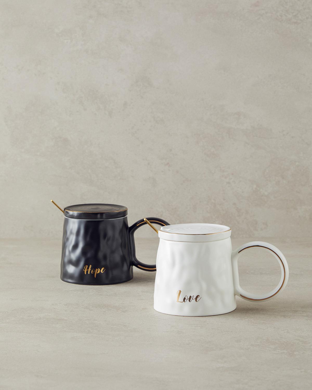 Mantra New Bone China Kapaklı Kaşıklı Kupa Beyaz