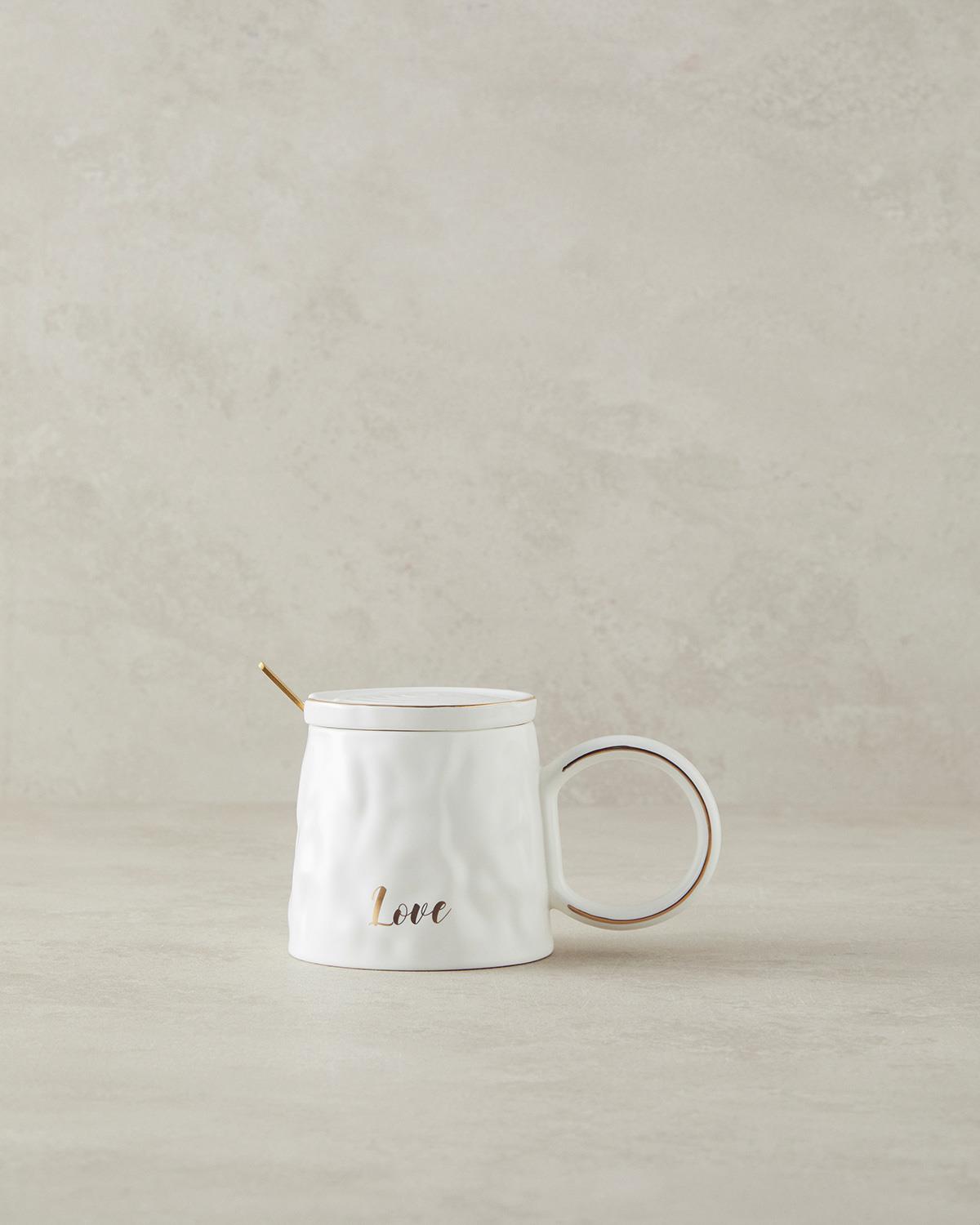 Mantra New Bone China Kapaklı Kaşıklı Kupa Beyaz