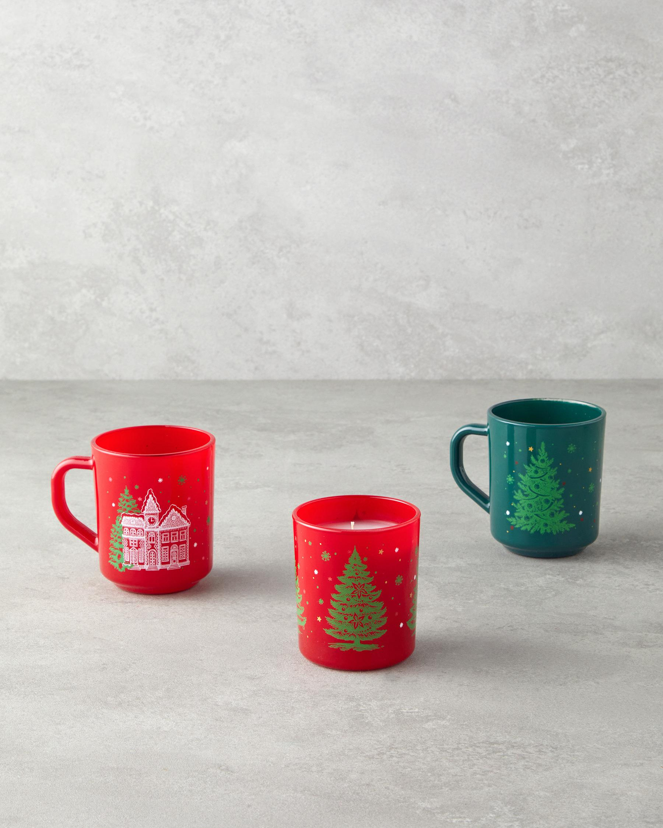 Merry Pine Cam 2’li ve Mumlu Kupa 250 ml Kırmızı - Yeşil