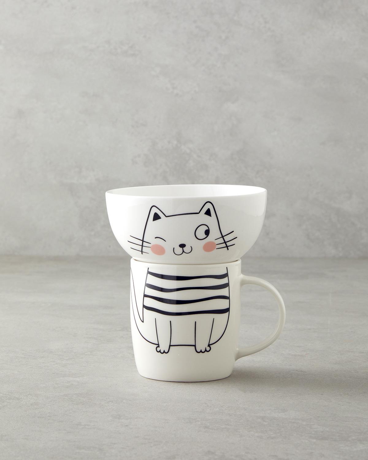 Mingle Catty New Bone China Kaseli Kupa 360 ml-13 cm Siyah - Beyaz