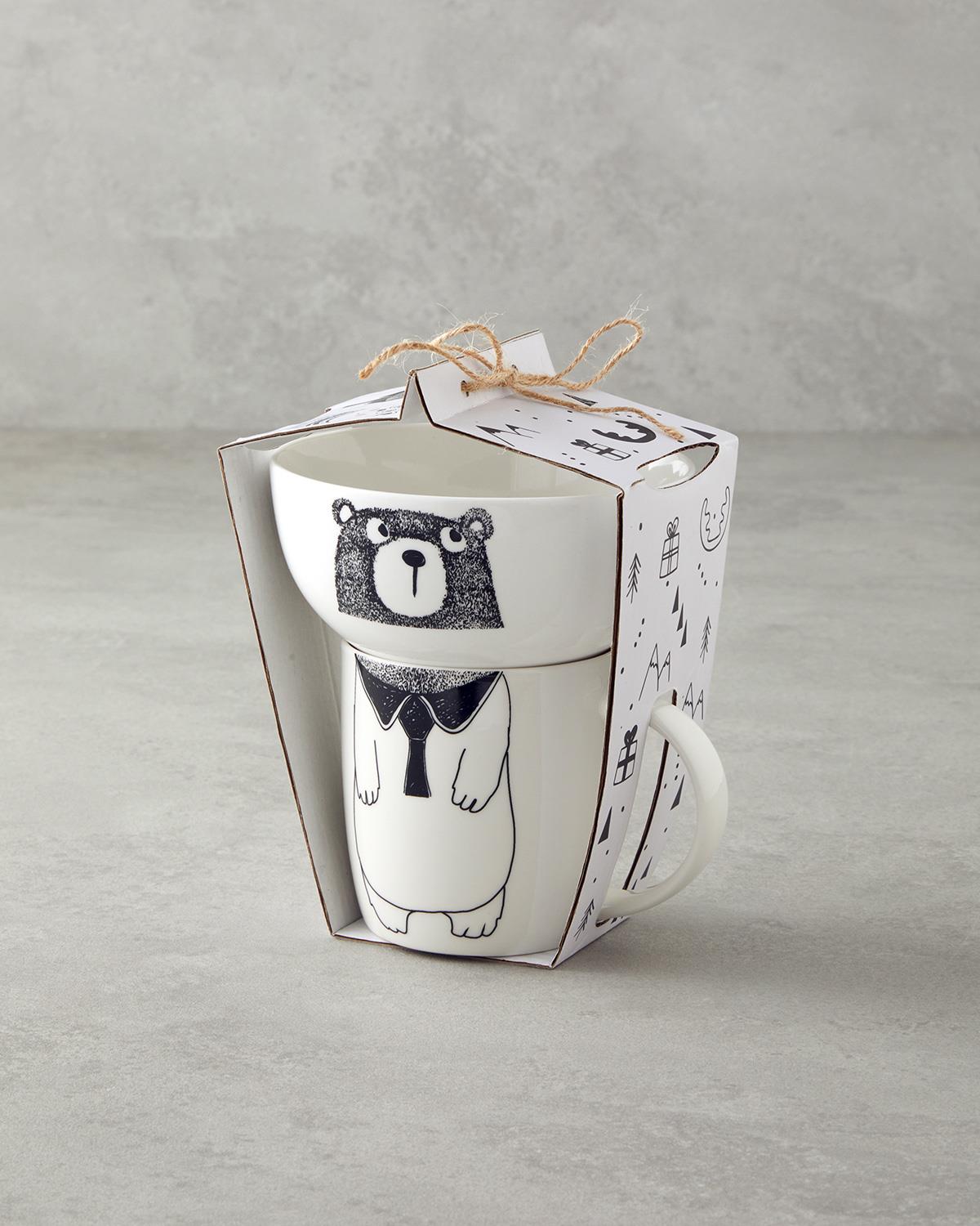 Mingle Teddy New Bone China Kaseli Kupa 360 ml-13 cm Siyah - Beyaz