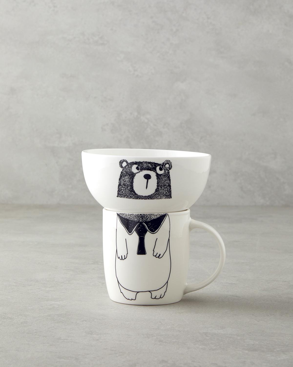 Mingle Teddy New Bone China Kaseli Kupa 360 ml-13 cm Siyah - Beyaz