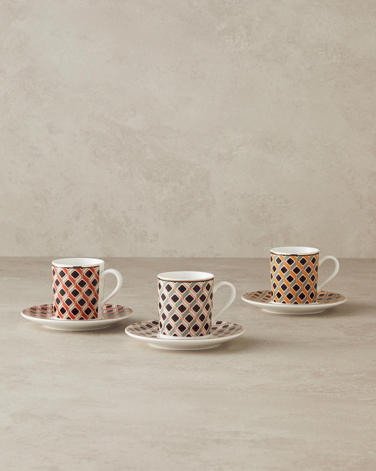 Modern Cube Bone Porselen 4 Parça 2 Kişilik Kahve Fincan Takımı Turuncu